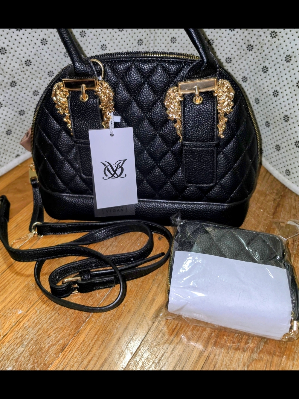 Brand New Black Quilted Dome Satchel Handbag with Gold Hardware, Wallet & Strap